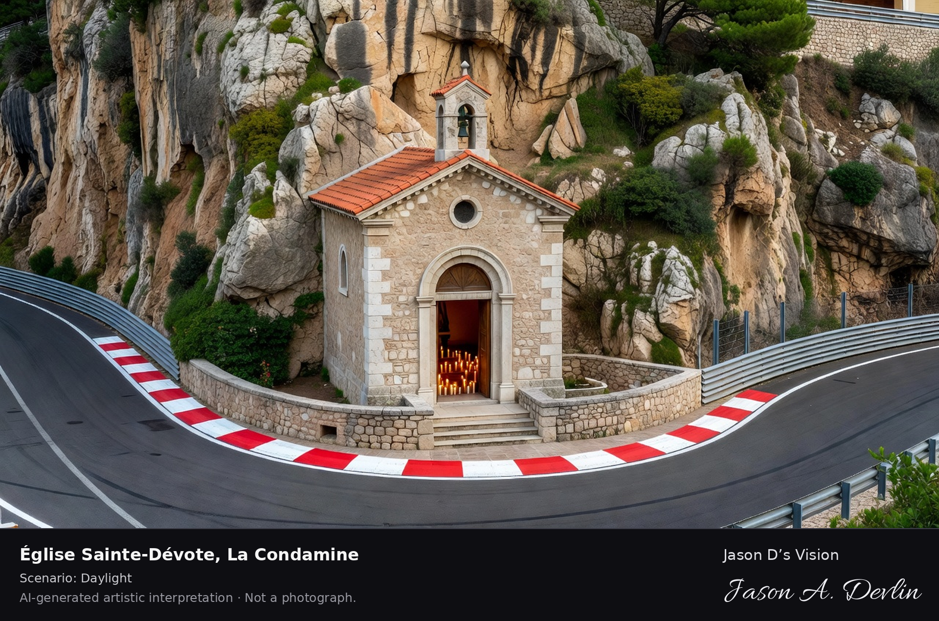 AI-generated artistic interpretation of Église Sainte-Dévote, La Condamine, Monaco.